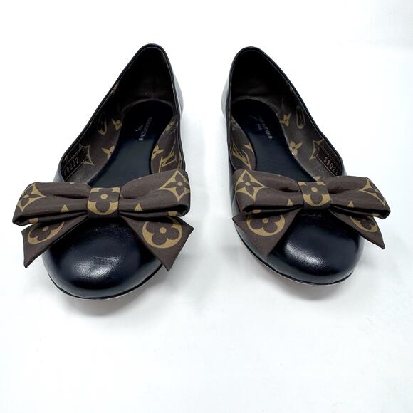 LOUIS VUITTON Popi Brown Leather Ballet Flats with Monogram Bow Size 36 US 6 - Picture 3 of 12